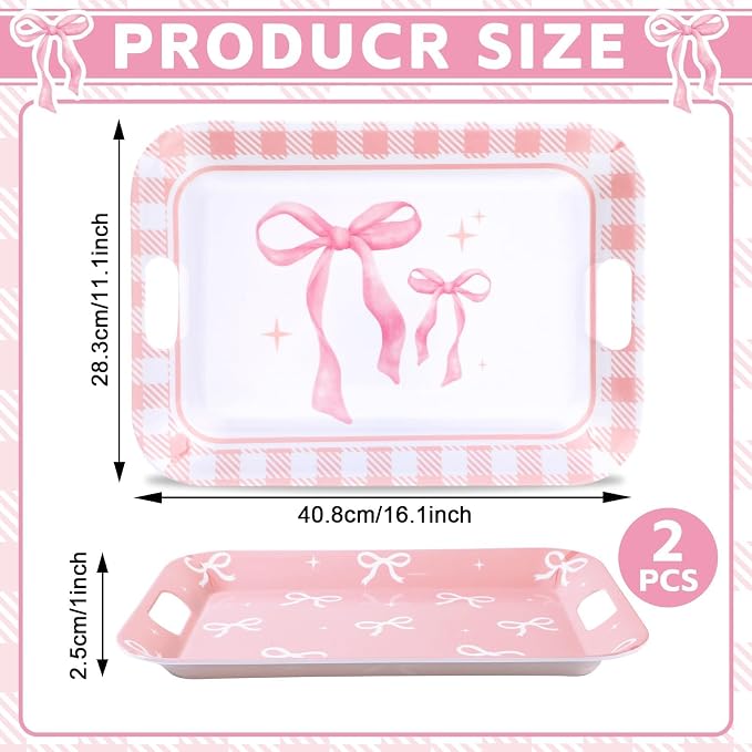 gisgfim 2PCS Pink Bow Serving Trays with Handles 16 X 11 Inch Large Melamine Platter Bow Party Decorations Food Tray Dessert Plate Dish for Girls Bachelorette Wedding Birthday Party Supplies