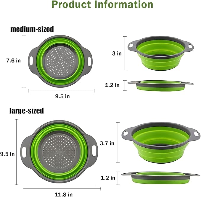 Collapsible Colander Set of 2, Space Saving Foldable Kitchen Strainer Baskets with Non-Slip Base, Thickened PP+TPE Collapsible Strainers for Pasta, Vegetables, Fruits, Rice (Green)