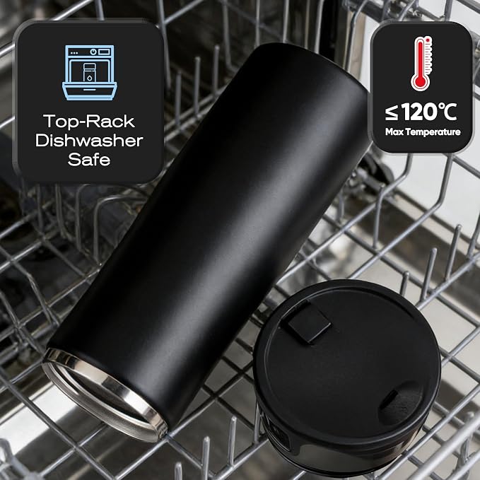17 oz / 500 ml Travel Coffee Mug, One-Handed Black Insulated Coffee Tumbler with Lid, Leak Proof Stainless Steel Coffee Cup, Reusable Water Bottle for Office, Car, Travel, Hot Coffee and Cold Drinks