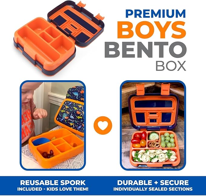 kinsho Bento Lunch Box Container for Kids Boys, 2 Pack (Dinosaur + Rocket) | 5 Portion Sections, BPA-Free Spill-Proof Leakproof Removable Plastic Tray, Snacks and Lunches for Toddlers Pre-School Daycare