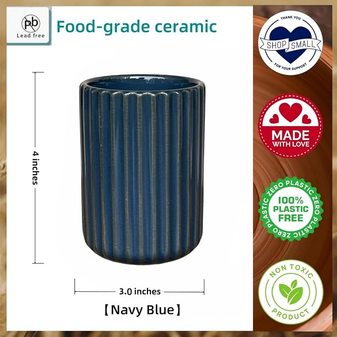 TOPYOKK Stoneware Coffee Bar Utensil Holder Tea & Coffee Spoon & Stirrer Holder for Stir Stick Straw Teaspoon Holder Espresso Spoon Cup Small Utensil Jar Fluted Vertical Stripe (Navy Blue)