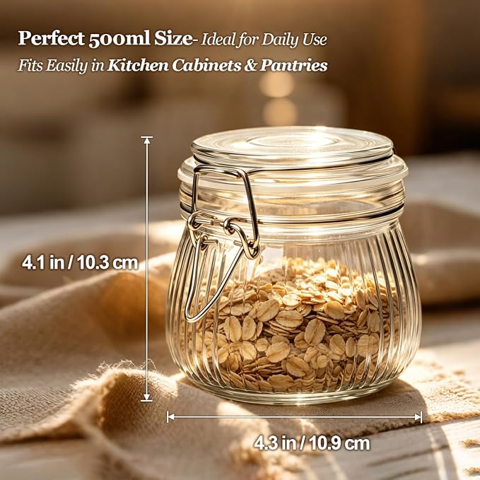 ComSaf Small Ribbed Glass Jars with Airtight Lids 17 oz 6 Pack Wide Mouth | Flour sugar coffee beans, Fermenting pickling, Farmhouse pantry decor, Jam jelly honey, Nuts snacks spices, Kitchen storage