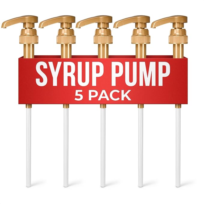 5 Pack Syrup Pumps, 9.25" Closed/11.54" Open, Fits 25.4 oz (Gold) | Pumps for Syrup Bottles; 0.3oz per Press; Lockable, Adjustable Long Tube; for Liquids, Pastes, and Sauces; for Coffee Bar
