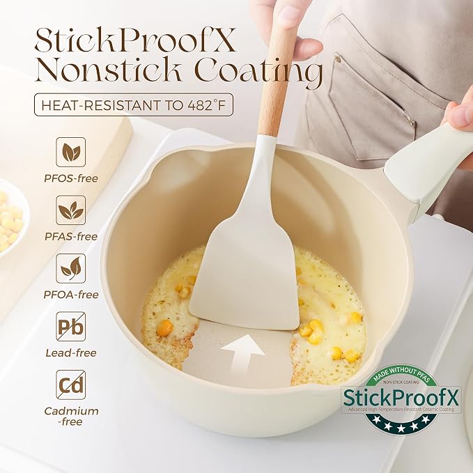 PRICUSIS Ceramic Nonstick Saucepan with Lid, 3 Quart Non Toxic Pot with Pour Spouts, Full Coated, 100% Dishwasher Safe, Induction Compatible, PTFE PFAS & PFOA Free, Coconut White