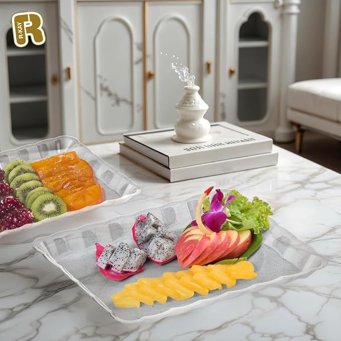 6 Pack Silver Glitter Plastic Serving Trays for Party, 9 x 13 Inch - Heavy Duty Plastic Silver Trays for Food - Rectangular Party Serving Platters
