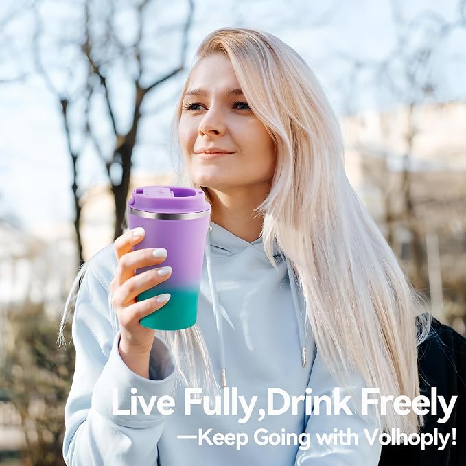 Volhoply 12 oz Double Wall Insulated Vacuum Travel Coffee Mug with Flip Lid Bulk 2 Pack,Reusable Stainless Steel Leak Proof Coffee Cup,Cafe Thermal Tumbler for Cold & Hot Drinks(Purple Green,2 Set)