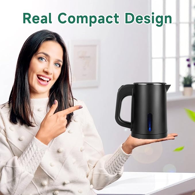 0.8L Small Travel Electric Tea Coffee Kettle | 600W Rapid Boil,Double Wall,Auto Shut-Off,Boil Dry Protection,Hot Water Boiler