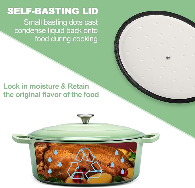 E-far 5QT Oval Dutch Oven Pot with Lid, Enameled Cast Iron Dutch Oven with Dual Handles, Heavy-Duty Cookware for Sourdough Bread Baking, Braising, Stews, Oven Safe & Easy Clean, Green