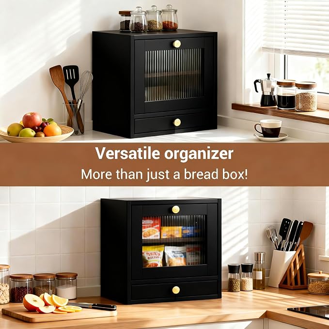 Garvee Bread Box for Kitchen Countertop with Drawer, 2-Tier Large Wooden Bread Storage Bin with Cutlery Organizer, Farmhouse Bread Keeper for Homemade Bread with Acrylic Window, Black