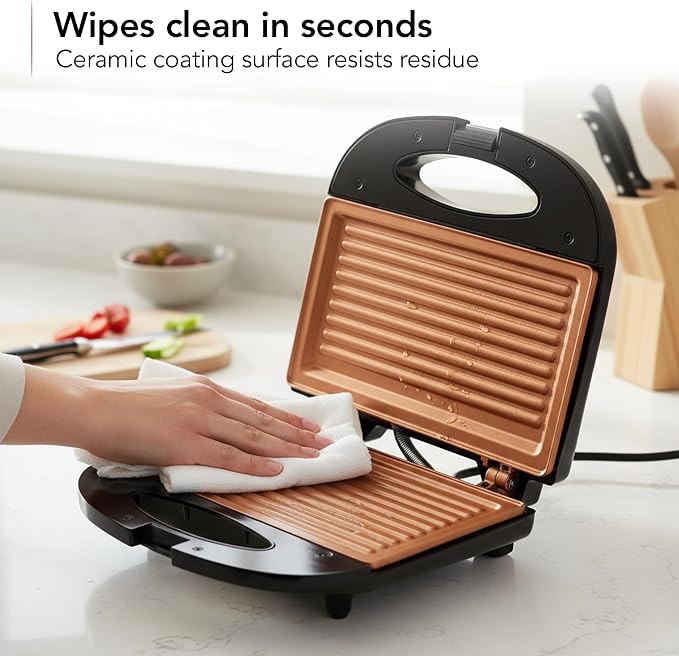 OVENTE Electric Panini Press Grill, 750W Nonstick Plates, Copper GP0110CO | LED Indicator Lights, Thermostat Control, Compact Sandwich Maker Perfect for Cooking Breakfast, Steaks, Eggs Snacks & More