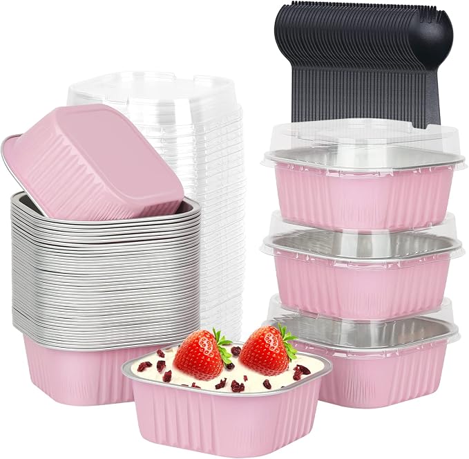 LNYZQUS 5oz Mini Cake Pans with Lids and Spoons, Disposable Brownie Tins | 40 Pack, Aluminum Foil, Square Cupcake Baking Cups, Individual Dessert Containers for Kids Party, Pink