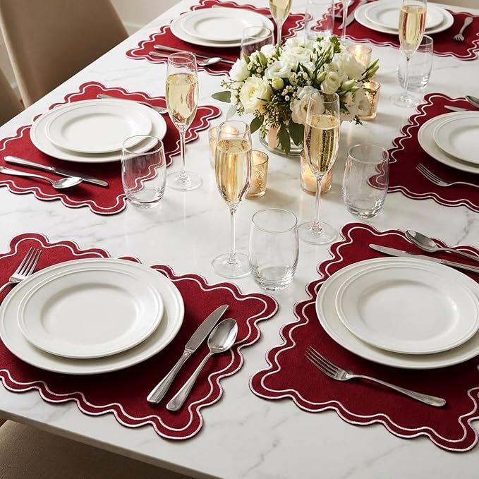 HunnmingRe Burgundy with White Set of 6 Cotton Linen Wedding Placemats, 13x19 Inch Scalloped Wavy Embroidery Placemat Double Layered Washable Rustic Rectangle Dinner Table Mat for Home Decor