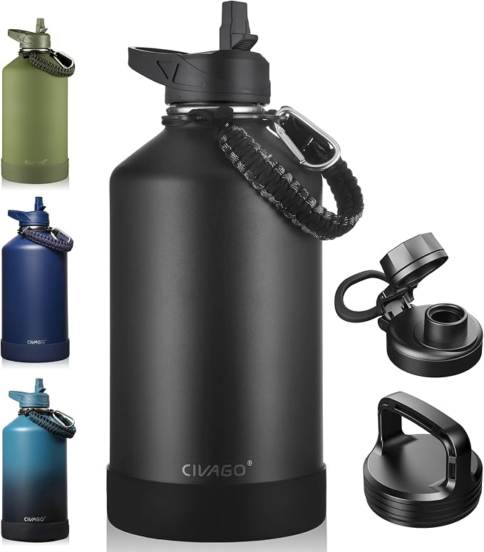 CIVAGO Gallon Insulated Stainless Steel Water Bottle With Straw and 3 Lids | 128 oz Large Metal Water Jug, Big Leakproof Reusable Wide Mouth Thermal Flask with Silicone Boot and Strap, BPA-Free, Black