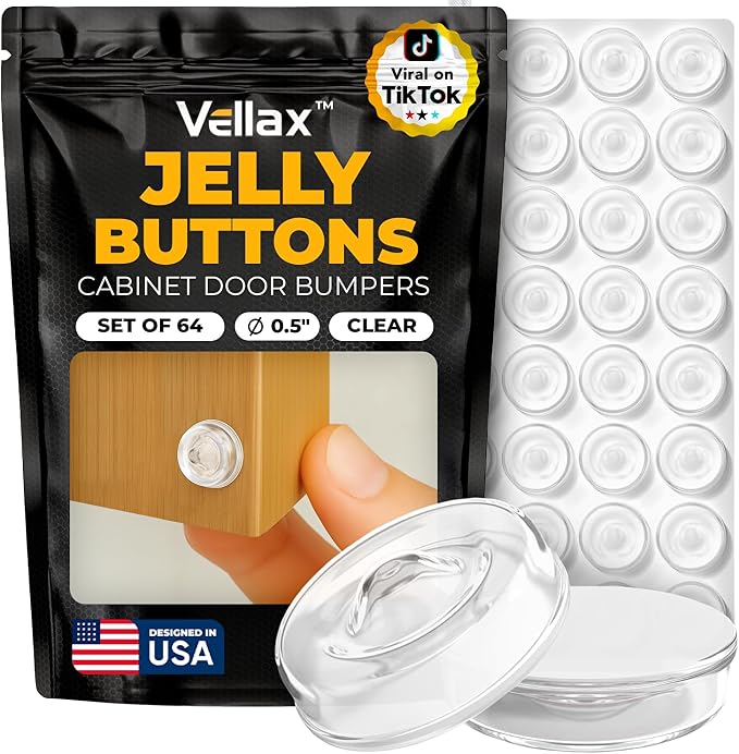 Vellax 64-Pack Clear Silicone Cabinet Bumpers, Self Adhesive Sticky Pads | 64 clear silicone bumpers absorb shock, dampen noise & protect surfaces - sticky, durable & easy to apply anywhere.