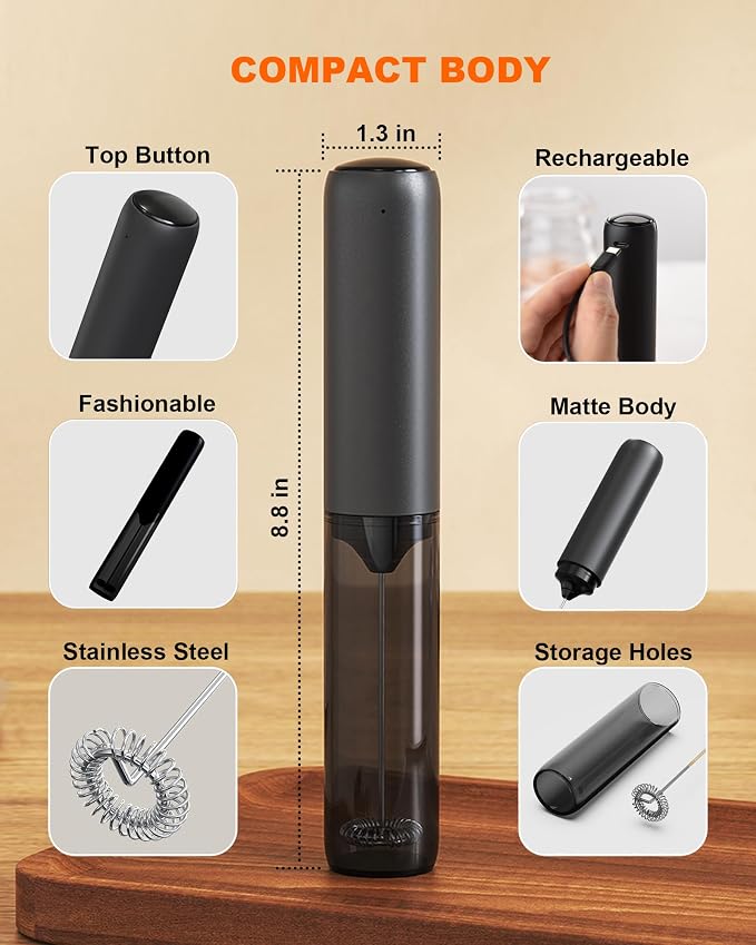 Electric Milk Frother Handheld Foam Maker, Black | TYP-C Rechargeable, with Cover - Portable Hand Frother for Coffee, Latte, Matcha, Cappuccino & Hot Chocolate