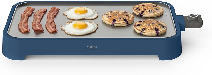 Martha Stewart 12"x 22" XL Electric Griddle, Ceramic Nonstick Flat Top | PFAS-Free Nonstick Grill, XL Cooking Surface for Pancakes & Eggs, Adjustable Temp Dial, Drip Tray, 1500W Heating, Indigo Blue