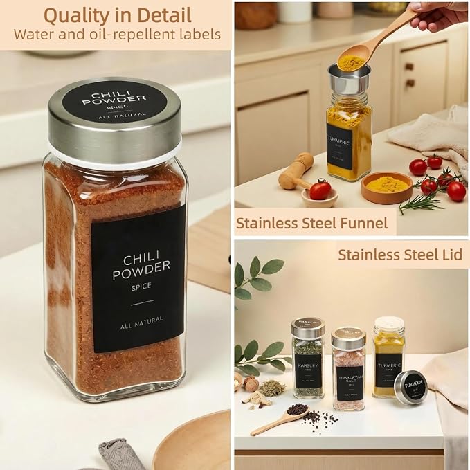 Glass Spice Jars with Labels, Seasoning Jars; 26 Pcs Stainless Steel Lids/Airtight Lids Keep Spice Fresh; Pepper Grinder Lid, 360 Labels, Funnel and Brush, Shaker Inserts; 4 oz Jar Set