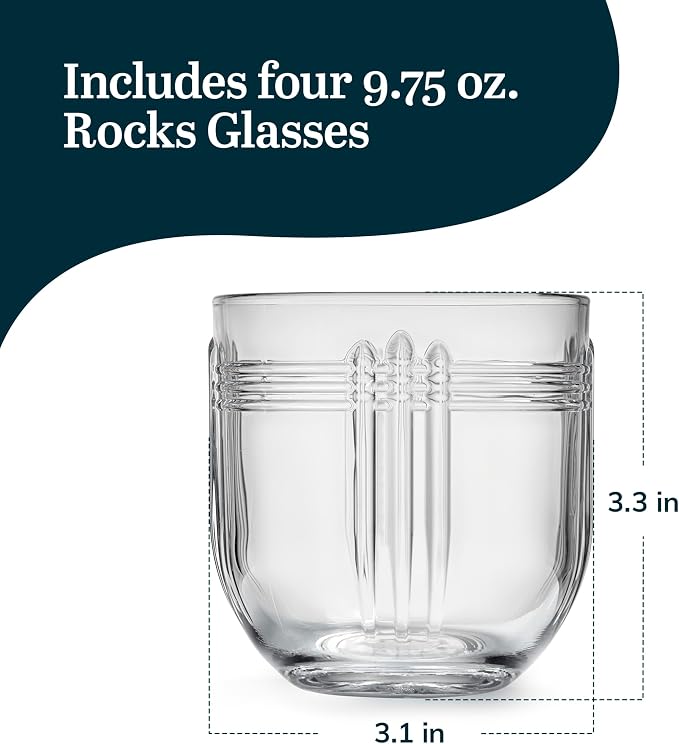 Libbey The Gats Rocks Glasses Set, Art Deco Inspired Short Drinking Glasses Set of 4, Classy Retro Cocktail Drinking Glasses for Parties and Events
