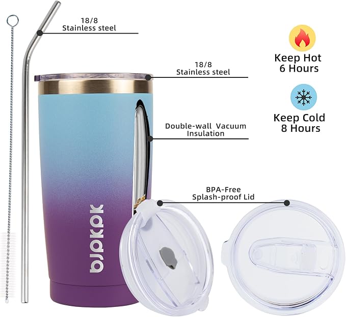 BJPKPK 20oz Coffee Tumbler with Lid & Straw, Insulated Stainless Steel Mug | Double Wall Vacuum, Keeps Hot/Cold, BPA Free, Leak Proof, Iced Coffee Cup Fit Car Holder, Travel & Beach, Ocean Dream