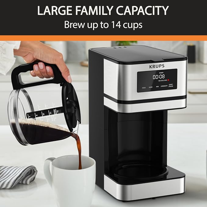 KRUPS Programmable 12-Cup Drip Coffee Maker Machine with 3 Brew Strengths | 24-hour programmable brewing, 3 brew strengths (mild, medium, bold), Flavor-Max technology, 4-hour keep warm
