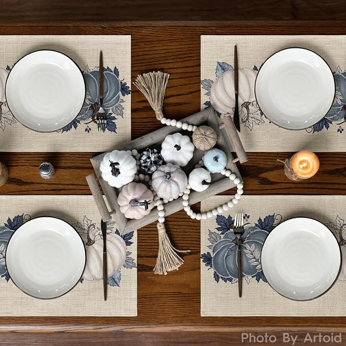 Artoid Mode Navy Blue Pumpkins Fall Placemats Set of 6-12 x 18 Inch | Heat-Resistant Table Mats, Washable Seasonal Autumn Kitchen Dining Decor