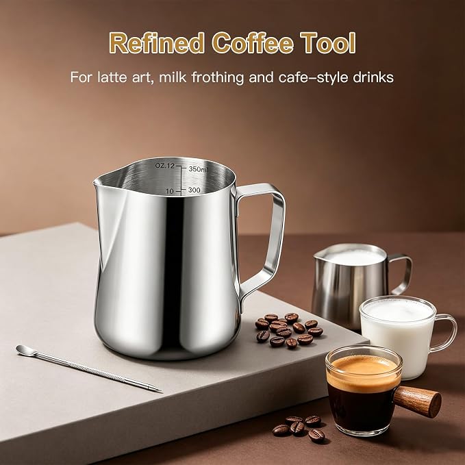 Milk Frothing Pitcher, 12oz Milk Frother Cup with Scale, 304 Stainless Steel Cappuccino Espresso Machine Accessories，for Barista Coffee Bar with Latte Art Pen