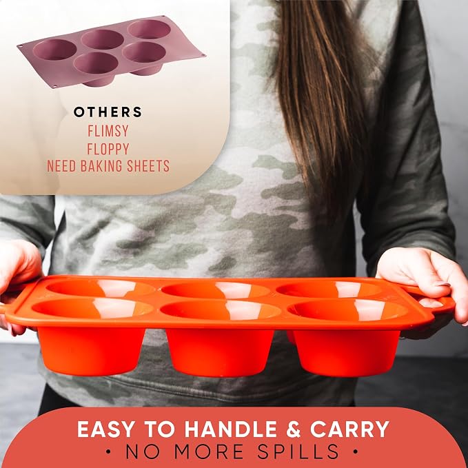 Silicone Jumbo Muffin Pan, 6 Cup Nonstick Cupcake Pan, BPA-Free | Metal Reinforced Silicone Jumbo Muffin Pans for Baking, Nonstick Silicone Cupcake Pan, Easy Release, Dishwasher Safe