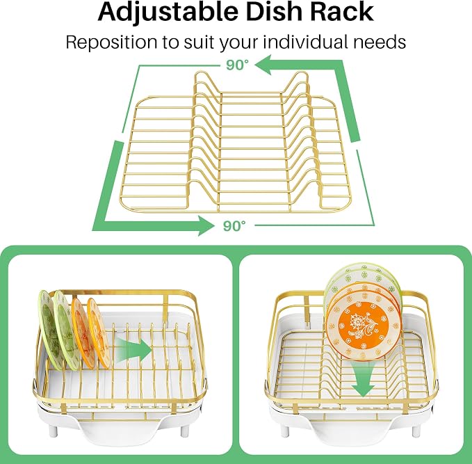 SAYZH Expandable Dish Drying Rack for Small Kitchen Counter, Gold | Stainless Steel, Protective Guardrail, Angled Drainboard, Fits High-Rim Sinks, Removable Utensil Holder