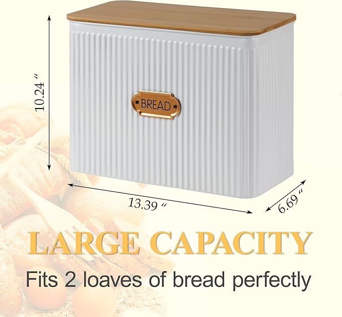 Extra Large Vertical Stripe Embossed Bread Box with Bamboo Lid | Corner Breadbox for Homemade Bread, White Metal Bread Storage Container Bin for Kitchen Countertop, Fits 2 Loaves of Bread