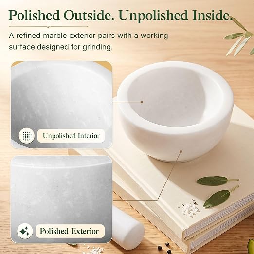 Flexzion Marble Mortar and Pestle Set - Solid Granite Stone Grinder Bowl Holder 5.5 Inch for Guacamole, Herbs, Spices, Garlic, Kitchen, Cooking, Medicine (White) | Crush Herbs, Garlic and Spices or Make Guacamole; The 1-1/4-Cup Bowl Has Thick Walls and...