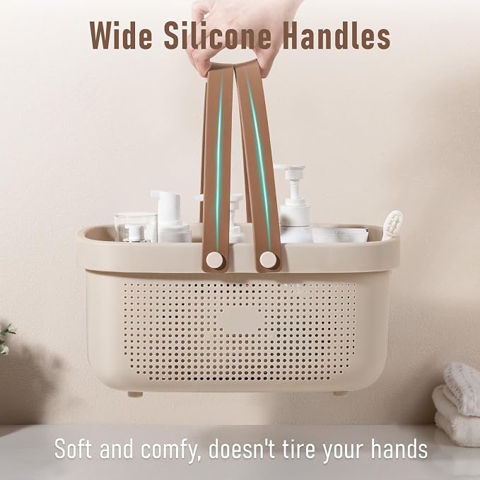Portable Shower Caddy Basket with Handles Plastic Storage Basket Beige | Sturdy Drainage Large Capacity Organizer Basket with Silicone Handles for Bathroom Kitchen Bedroom College Dorm Essentials
