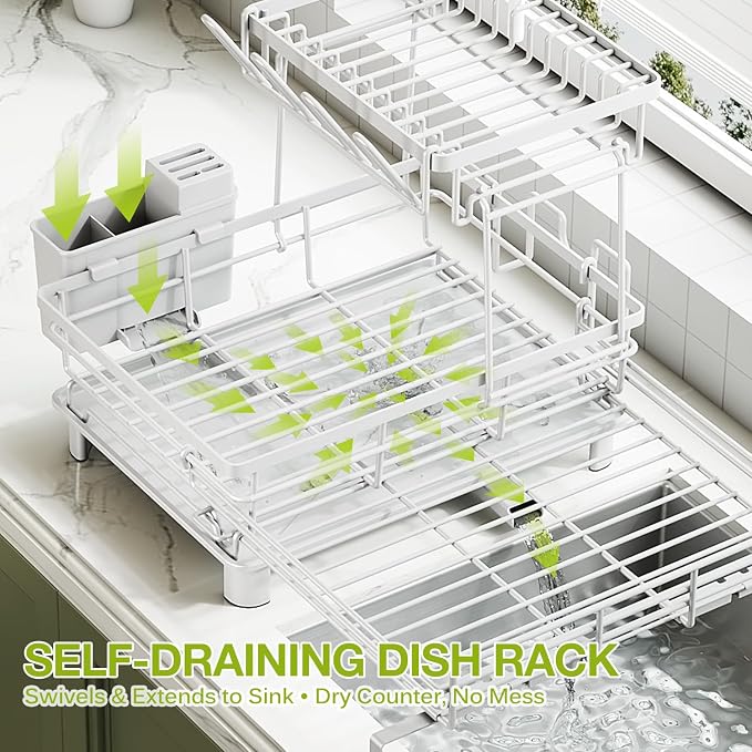 2-Tier Expandable Dish Drying Rack for Kitchen Counter, White | Large Capacity Dish Rack Organization, Heavy-Duty Carbon Steel, 17 lbs Capacity, Swivel Drain Spout & Cup Hooks