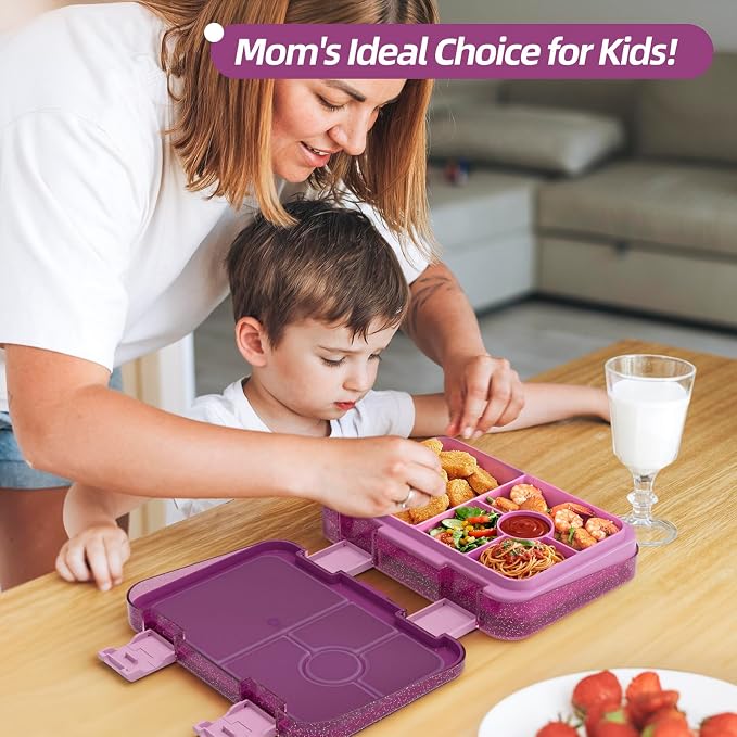 Bento Lunch Box for Kids, 5/6 Compartments, Shiny Rose | 5/6 Compartments, 3 Cups BPA Free, Dishwasher Safe, for Kids, Back to School, On-the-Go Meal, Ages 3+, School