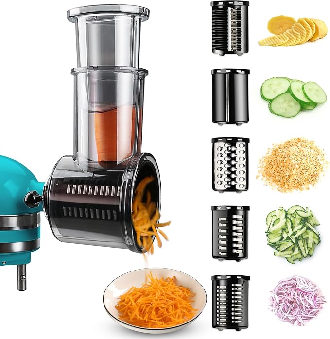 Stainless Steel Slicer Shredder Attachments for KitchenAid Stand Mixers | Vegetable Shredder, Cheese Grater, Salad Maker, Food Slicers Chopper Grinding Powder Accessories, Detachable 5 Blades