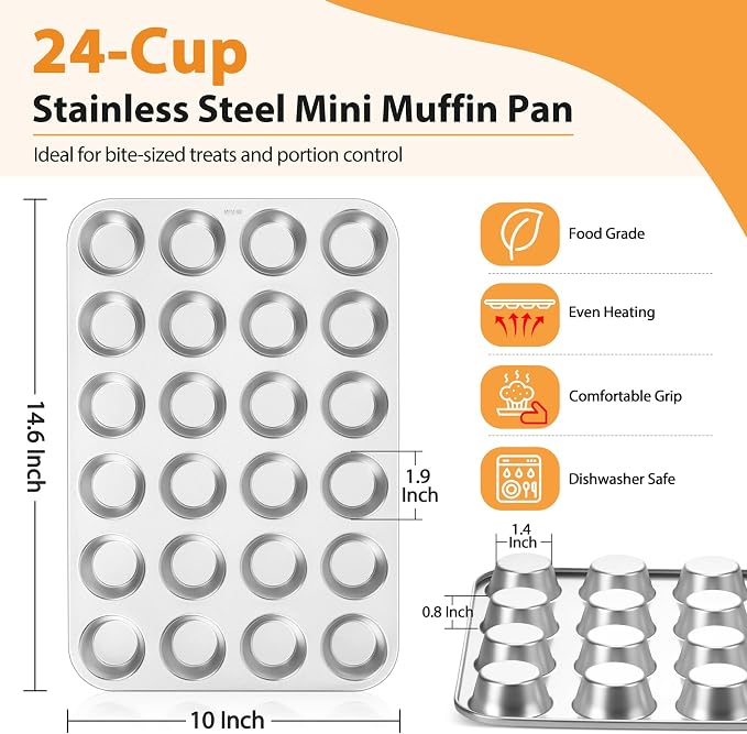 TeamFar Mini Muffin Pan, Stainless Steel 24-Cup Muffin Tin for Baking- 1PC | Small Cupcake Pan Tray for Egg Bites Mini Cakes Quiches, Brunches Parties Birthday Treats, Healthy & Sturdy, Dishwasher Safe