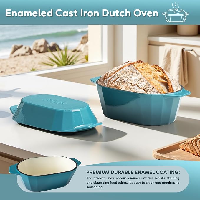 Enameled Cast Iron Sourdough Bread Oven – Dutch Oven for Sourdough, Oval Cast Iron Bread Pan with Lid，Loaf Cast Iron Dutch Oven for Baking (3.3QT-Blue）