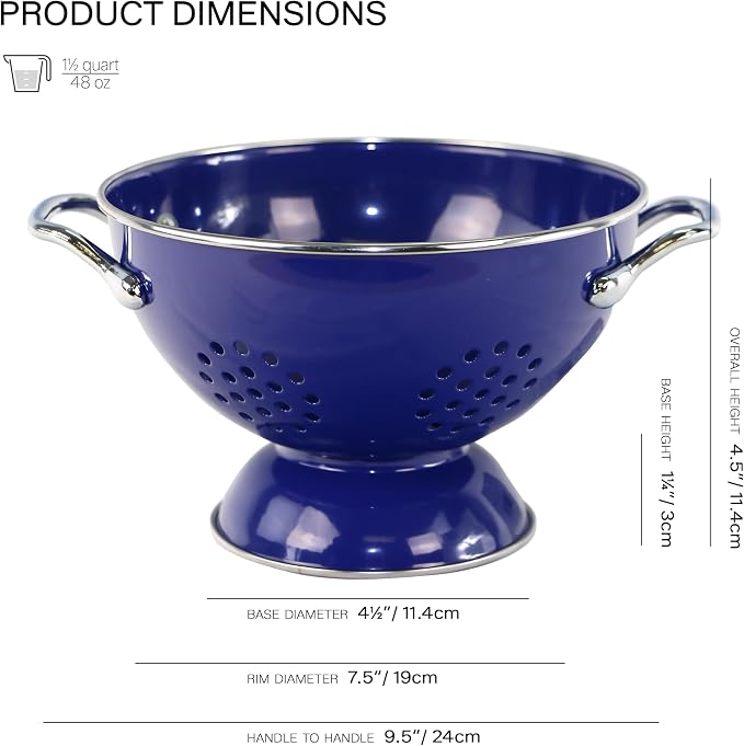 Reston Lloyd, 1.5 Quart Powder Coated Steel Kitchen Strainer Basket for draining Pasta, Vegetable and Fruit, Chrome Handles and Wide Stable Base, Indigo