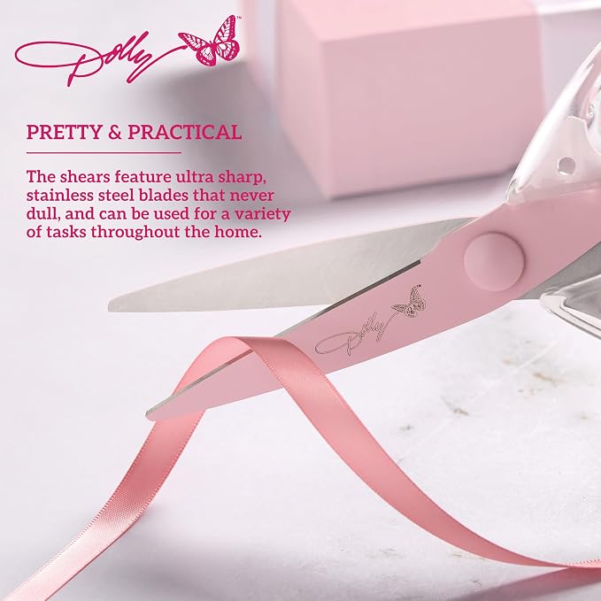 Dolly Parton All-Purpose Kitchen Scissors with Pink Blade and Clear Acrylic Handle - Sharp Stainless Steel Kitchen Shears for Food, Herbs, Parchment and Crafts