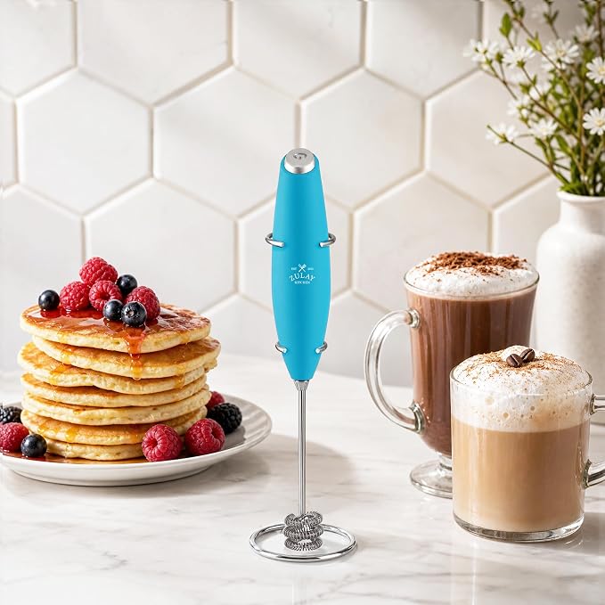 Zulay Kitchen Powerful Milk Frother Wand With Duracell Batteries - Ultra Fast Handheld Drink Mixer - Electric Whisk Foam Maker for Coffee, Lattes, Cappuccino & Matcha - Triple Whisk - Pacific Blue