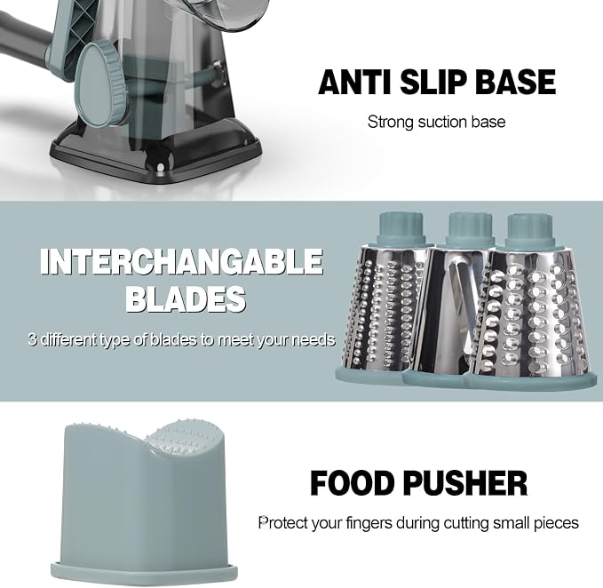 Cheese Grater Cheese Shredder with 3 Interchangeable Blades, Rotary Cheese Grater Manual Vegetable Slicer with Non-slip Suction Base Peanut Nuts Grinder Vegetable Shredder Clear