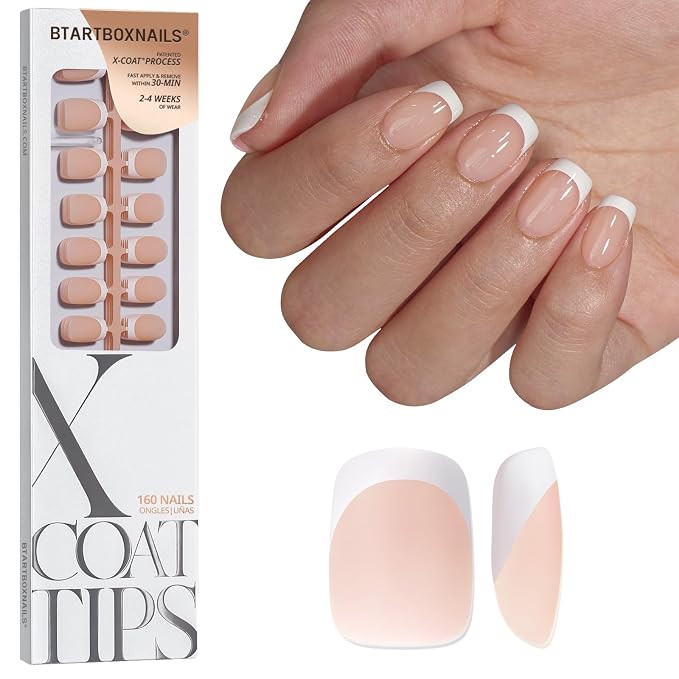 BTArtboxnails XCOATTIPS White French Tip Press On Nails, XS Squoval, Nude | Lamp-Curable 4-Week Wear, Salon Quality Value at Home, Natural Nail Look, Easy-to-Apply for Beginners, 160ct Nail Tips Only