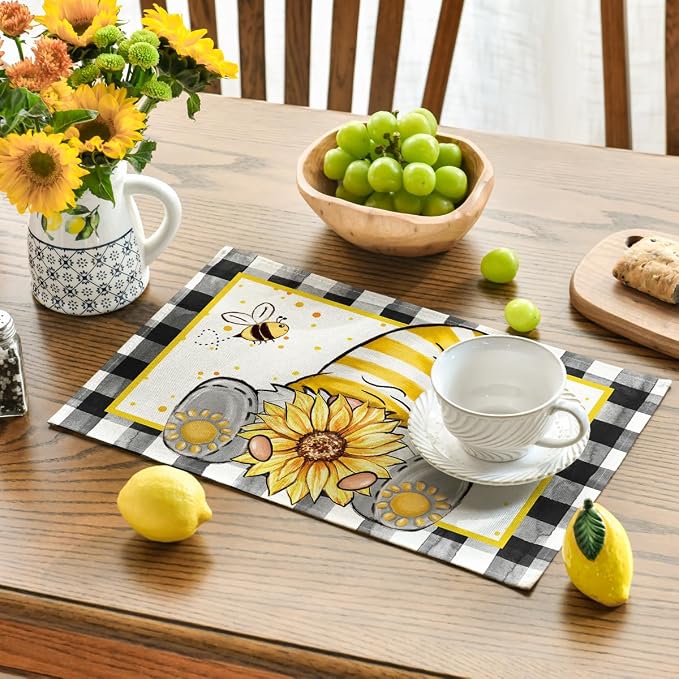 Artoid Mode Buffalo Plaid Gnome Bee Sunflower Summer Placemats Set of 4, 12x18 Inch Seasonal Spring Table Mats for Party Kitchen Dining Decoration