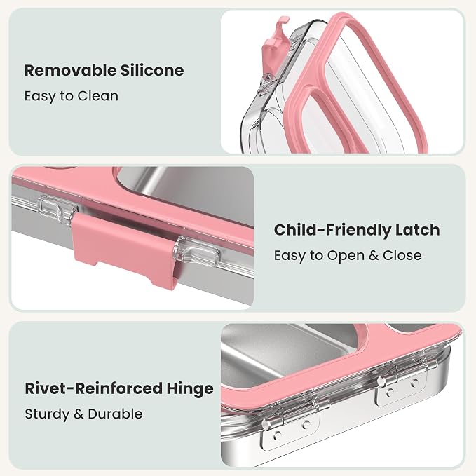 LOHASOK Stainless Steel Bento Lunch Box, 800ml, Pink | 3-Compartment, Leak Proof, Lightweight, Clear Plastic Lid, for Kids Adults, BPA/BPS Free, Dishwasher Safe