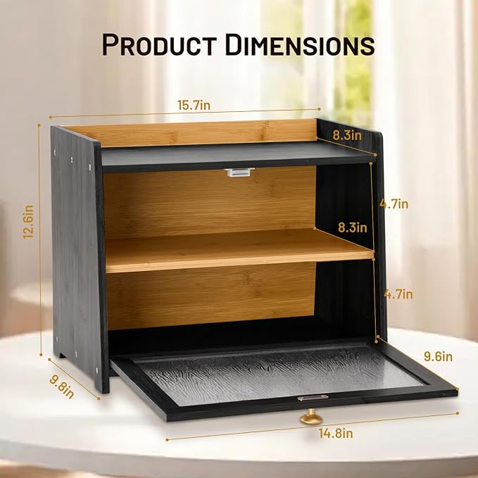 Bamboo Bread Box for Kitchen Countertop, 15.7x9.8x12.6 in, Black Color | Double Layer Bread Box, Fluted Acrylic Doors, Farmhouse Bread Box for Homemade Bread, Loaves, Bagels, Muffins & Pastries