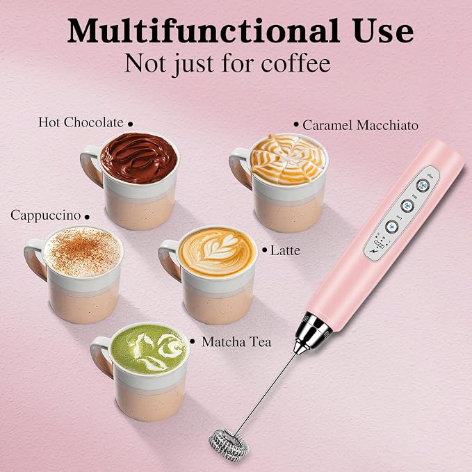 Milk Frother Wand Rechargeable Handheld Whisk Coffee 3 Speed Adjustable | Electric Whisk Drink Mixer with Stainless 3 Whisks Hand Frother , Foam Maker for Latte Cappuccino Matcha Egg Silver