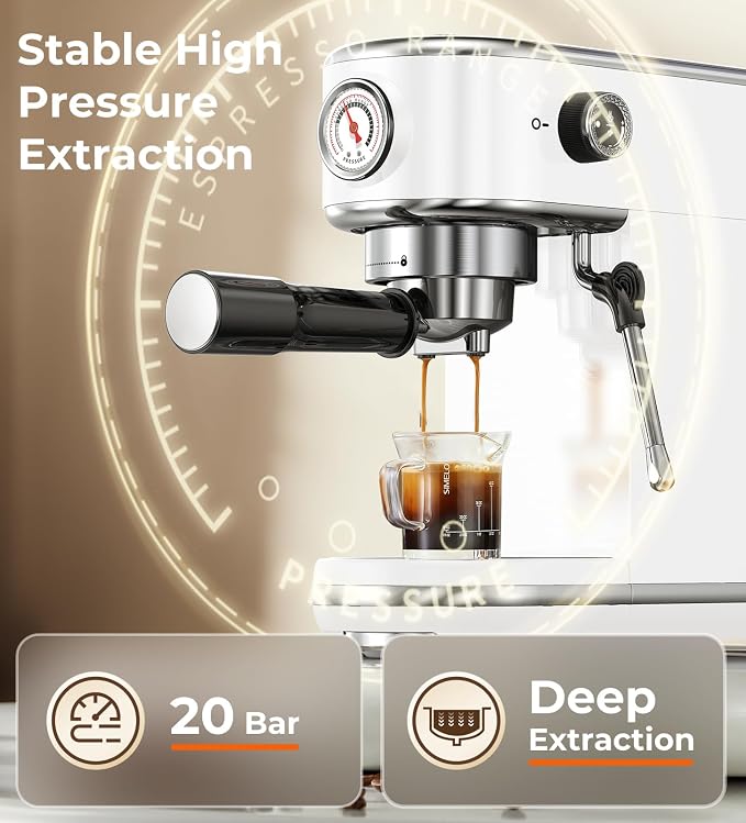 atatix 20 Bar Espresso Machine with Milk Frother, Compact Espresso Maker | Stainless Steel Coffee Machine with Precise Temp Control, 44oz Removable Water Tank for Latte, Cappuccino, White