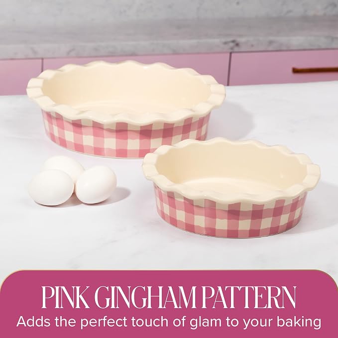 Paris Hilton Ceramic Pie Dish Set, 7-Inch and 9-Inch Stoneware Baking Dishes with Fluted Rim and Gingham Design, Oven Safe up to 450°F, 2-Piece, Pink