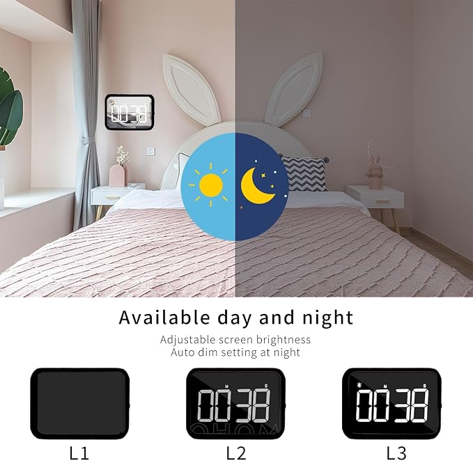 Digital Large Display Visual Timer Stopwatch for Kitchen Teacher School Classroom Cooking, Night Light Magnetic Bathroom Makeup Mirror LED Stop Clock Timer, 99 Minutes Countdown, Loud/Silent (Black)