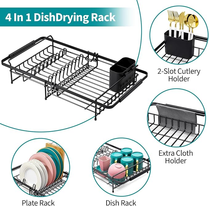 Urackify Expandable Stainless Steel in Sink Dish Drying Rack | Expandable design fits 13"-18" sinks. Rustproof stainless steel construction. In-sink rack with utensil holder.
