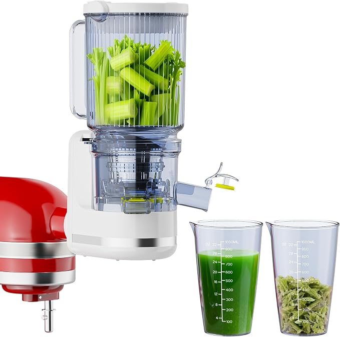 Masticating Juicer Attachment for KitchenAid Stand Mixer | 4.9" Large Feed Chute Fit Whole Vegetables & Fruits, Slow Cold Press Juicer Includes 2 * 32oz Capacity Cups